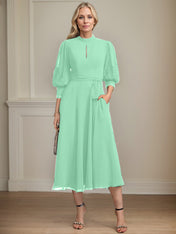 A-line High Neck Tea-Length Lace Chiffon Mother of the Bride Dress With Bow