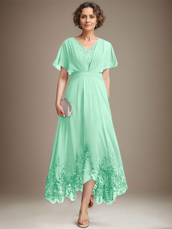 A-line V-Neck Asymmetrical Lace Chiffon Mother of the Bride Dress With Pleated