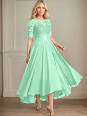 A-line Scoop Illusion Asymmetrical Chiffon Lace Mother of the Bride Dress With Sequins