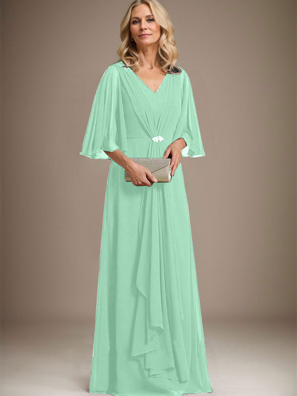 A-line V-Neck Floor-Length Chiffon Mother of the Bride Dress With Cascading Ruffles Crystal Brooch