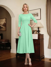A-line Scoop Illusion Tea-Length Chiffon Lace Mother of the Bride Dress With Beading Sequins
