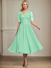 A-line V-Neck Tea-Length Lace Chiffon Mother of the Bride Dress With Sequins