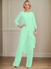 Separates Jumpsuit/Pantsuit Scoop Floor-Length Chiffon Mother of the Bride Dress With Sequins Beading