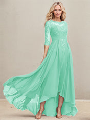 A-line Scoop Illusion Asymmetrical Lace Chiffon Mother of the Bride Dress With Pleated Sequins