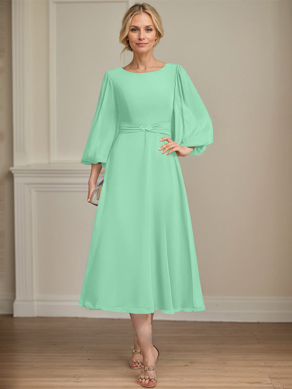 A-line Scoop Tea-Length Chiffon Mother of the Bride Dress With Crystal Brooch Pleated