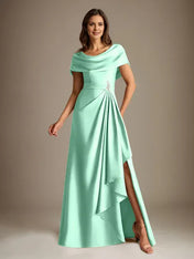A-Line Scoop Floor-Length Stretch Satin Mother of the Bride Dress With Cascading Ruffles