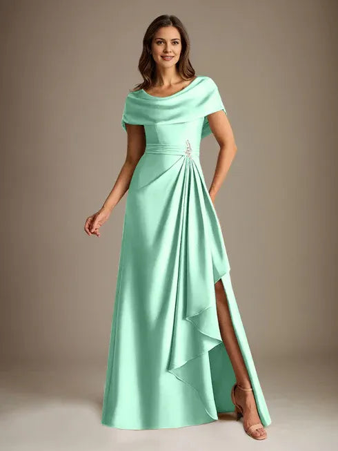 A-Line Scoop Floor-Length Stretch Satin Mother of the Bride Dress With Cascading Ruffles