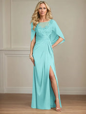 Sheath/Column Satin Scoop Neck Cap Sleeves Floor Length Mother Of The Bride Dresses