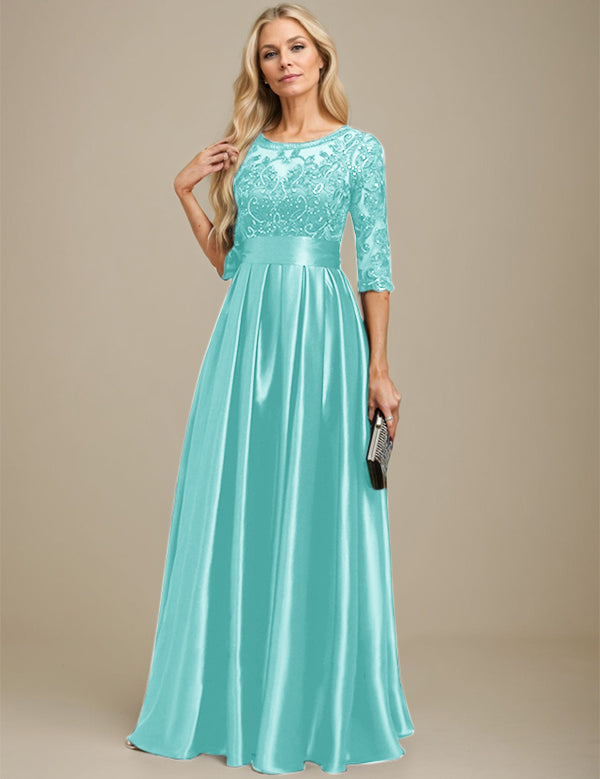 A-line Scoop Illusion Floor-Length Stretch Satin Lace Mother of the Bride Dress With Bow Sequins
