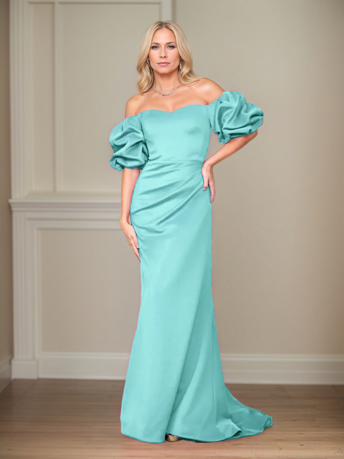Column Off The Shoulder Puff Sleeves Floor Length Mother of the Bride Dresses