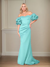 Satin Sheath/Column Off The Shoulder Puff Sleeves Floor Length Mother of the Bride Dresses