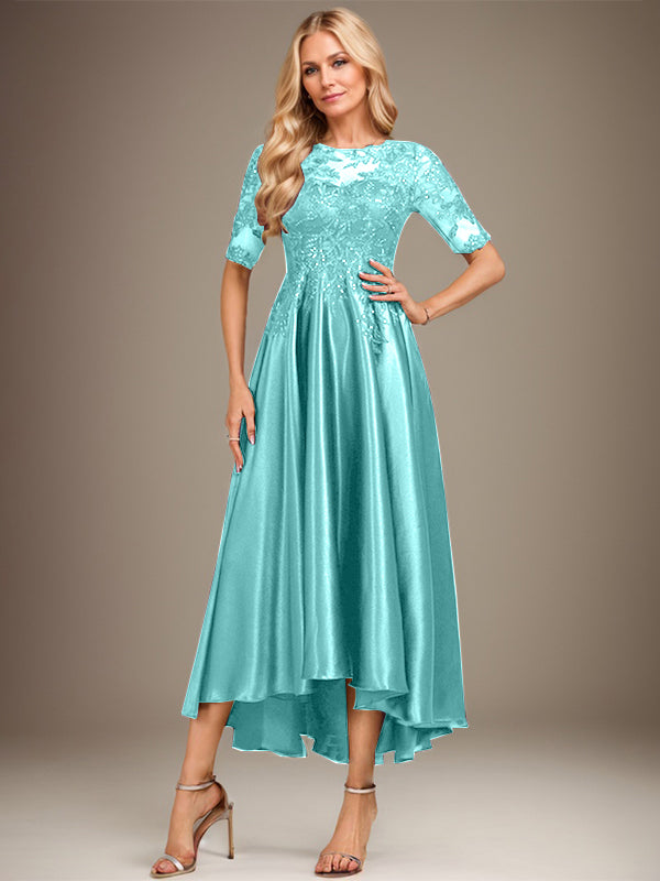 A-line Scoop Illusion Asymmetrical Stretch Satin Lace Mother of the Bride Dress With Sequins