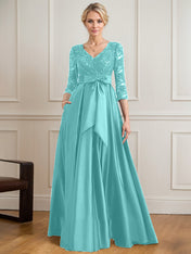 A-line V-Neck Floor-Length Satin Lace Mother of the Bride Dress With Sequins Bow
