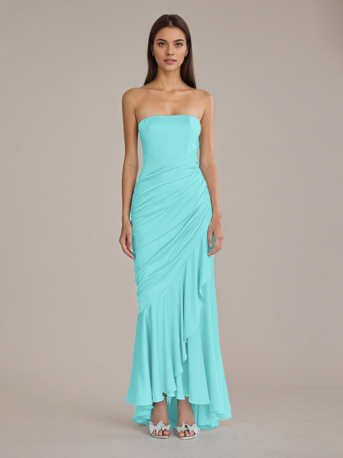 Column Satin Off The Shoulder Sleeveless Floor Length Dresses With Ruffles