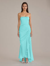 Sheath/Column Satin Off The Shoulder Sleeveless Floor Length Dresses With Ruffles