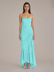 Sheath/Column Satin Off The Shoulder Sleeveless Floor Length Dresses With Ruffles