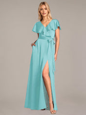 A Line Satin V Neck Short Sleeves Floor Length Dresses With Ruffles