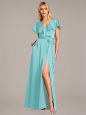 A Line Satin V Neck Short Sleeves Floor Length Dresses With Ruffles