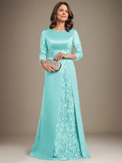 A-Line Scoop Floor-Length Lace Satin Mother Of the Bride Dress With Applique
