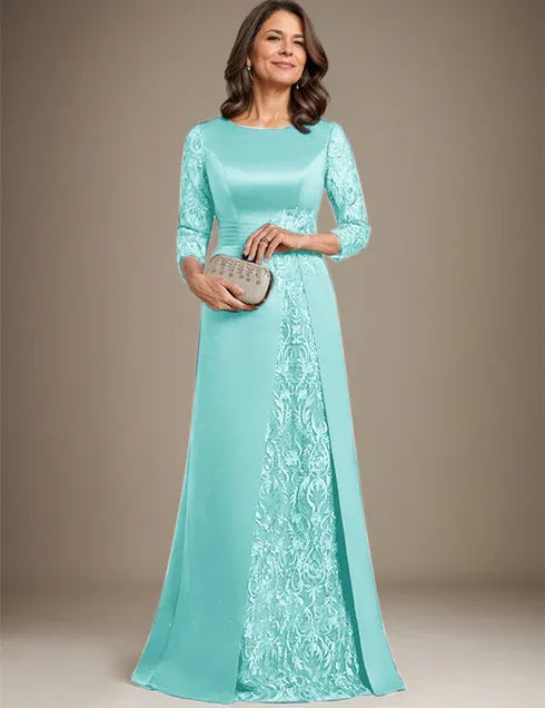 Robe de mère de la mariée en satin et dentelle, coupe trapèze, longueur au sol, avec appliques 