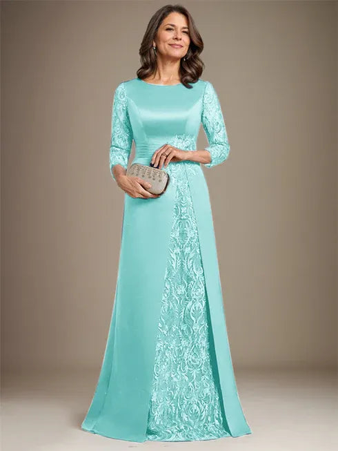 Robe de mère de la mariée en satin et dentelle, coupe trapèze, longueur au sol, avec appliques 
