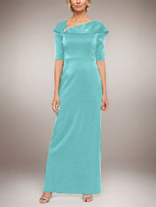 Long Shimmer Column Dress with Foldover Cuff L-Neckline and Elbow Sleeves