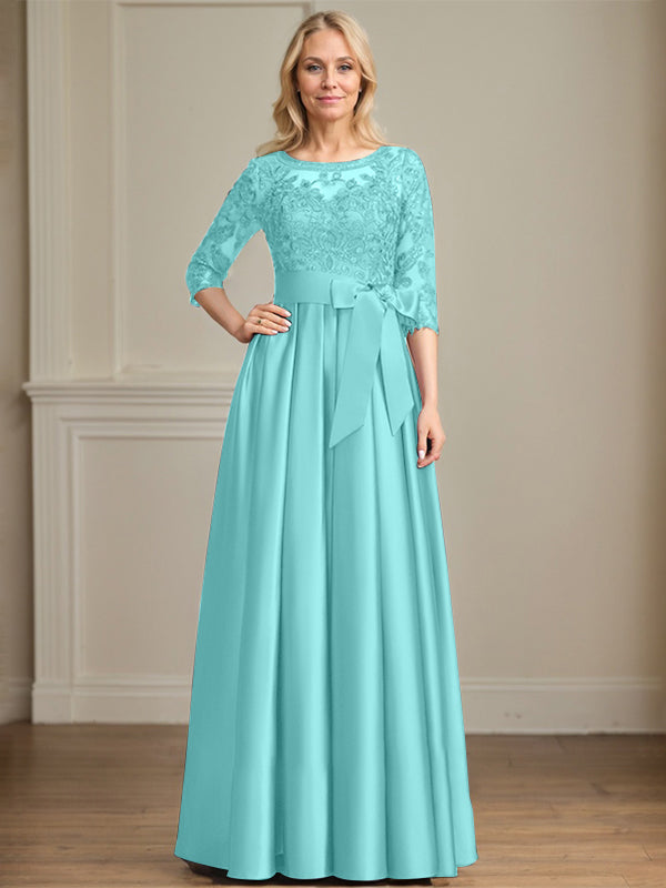 A-line Scoop Illusion Floor-Length Satin Lace Mother of the Bride Dress With Sequins Bow