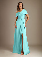 A-Line Asymmetrical Neckline Floor-Length Satin Mother of the Bride Dress With Pleated