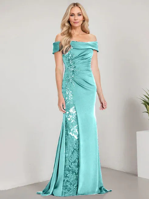 A-Line Off the Shoulder Floor-Length Mother of the Bride Dress Applique Beadings Mermaid Dress With  High Split