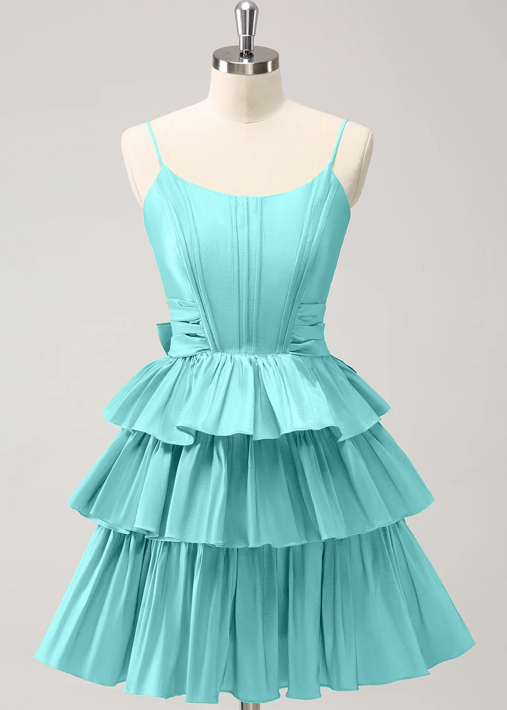 Hot Pink A Line Spaghetti Straps Corset Tiered Ruffle Homecoming Dress with Bow