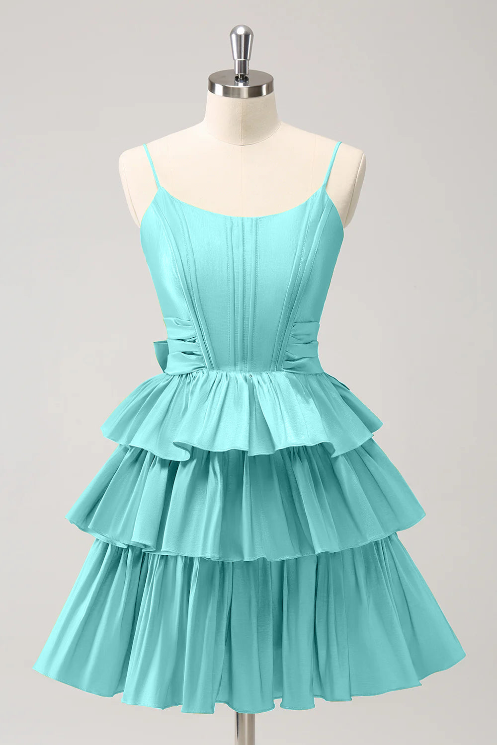 Hot Pink A Line Spaghetti Straps Corset Tiered Ruffle Homecoming Dress with Bow