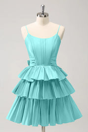 Hot Pink A Line Spaghetti Straps Corset Tiered Ruffle Homecoming Dress with Bow