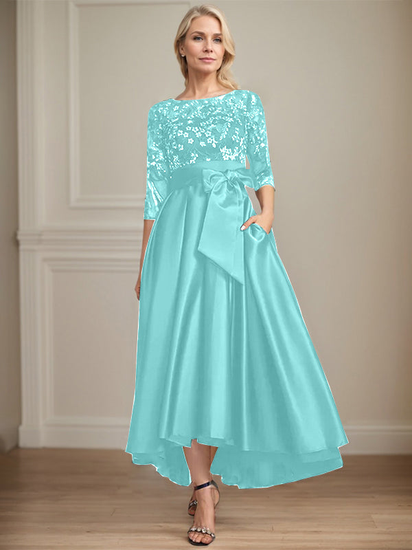 A-line Scoop Illusion Asymmetrical Satin Lace Mother of the Bride Dress With Bow