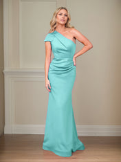 Satin Sheath/Column One Shoulder Short Sleeves Floor Length Mother of the Bride Dresses