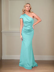 Satin Sheath/Column One Shoulder Short Sleeves Floor Length Mother of the Bride Dresses