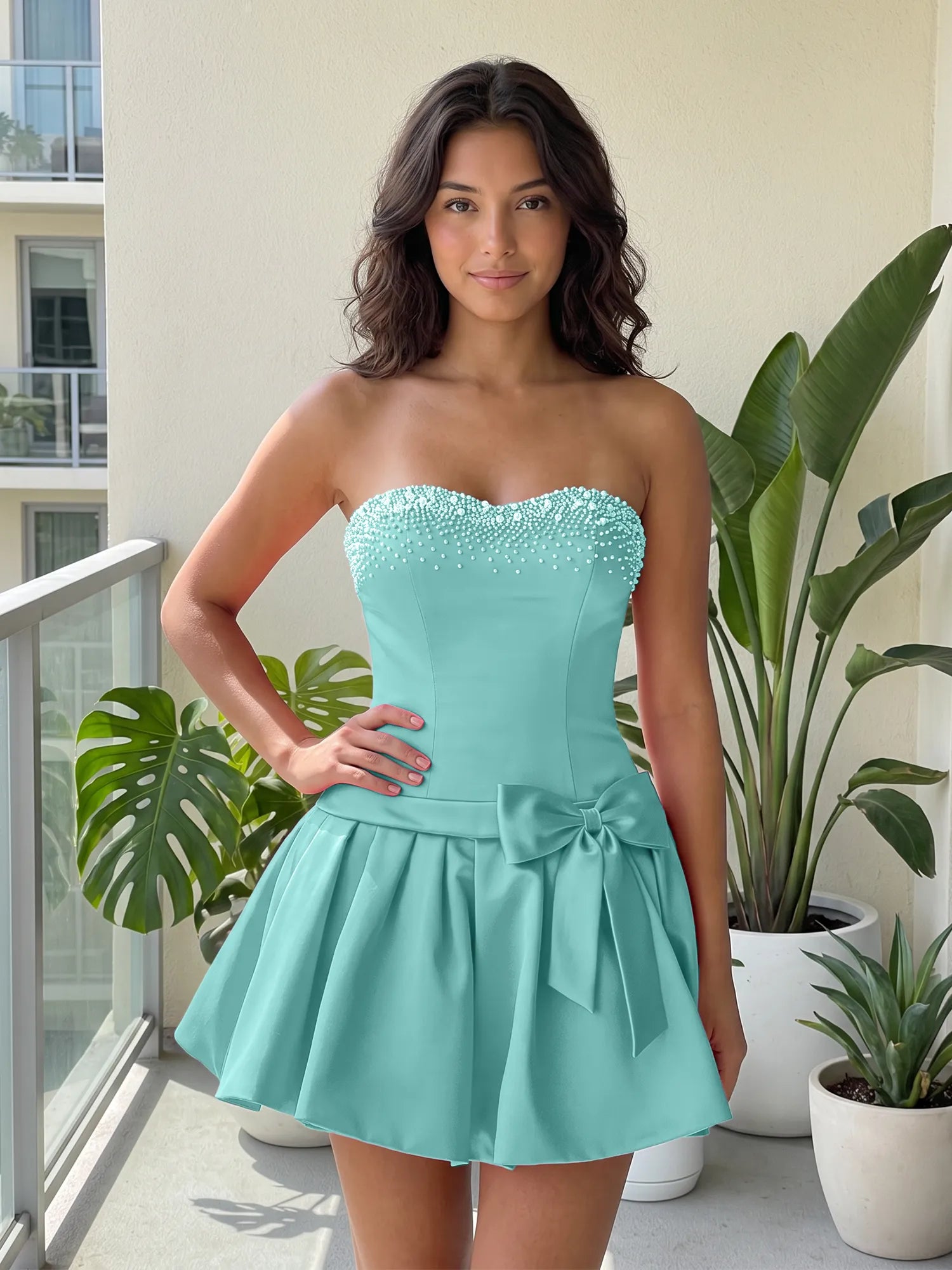 Fuchsia Pearl Corset Short Homecoming Dresses Large Waist Bow Lace Up Back