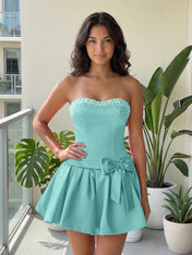 Fuchsia Pearl Corset Short Homecoming Dresses Large Waist Bow Lace Up Back