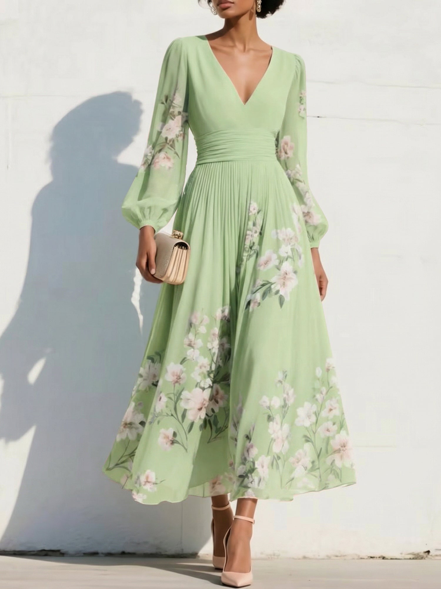 Elegant Floral V-Neck Pleated Midi Dress with Long Sleeves