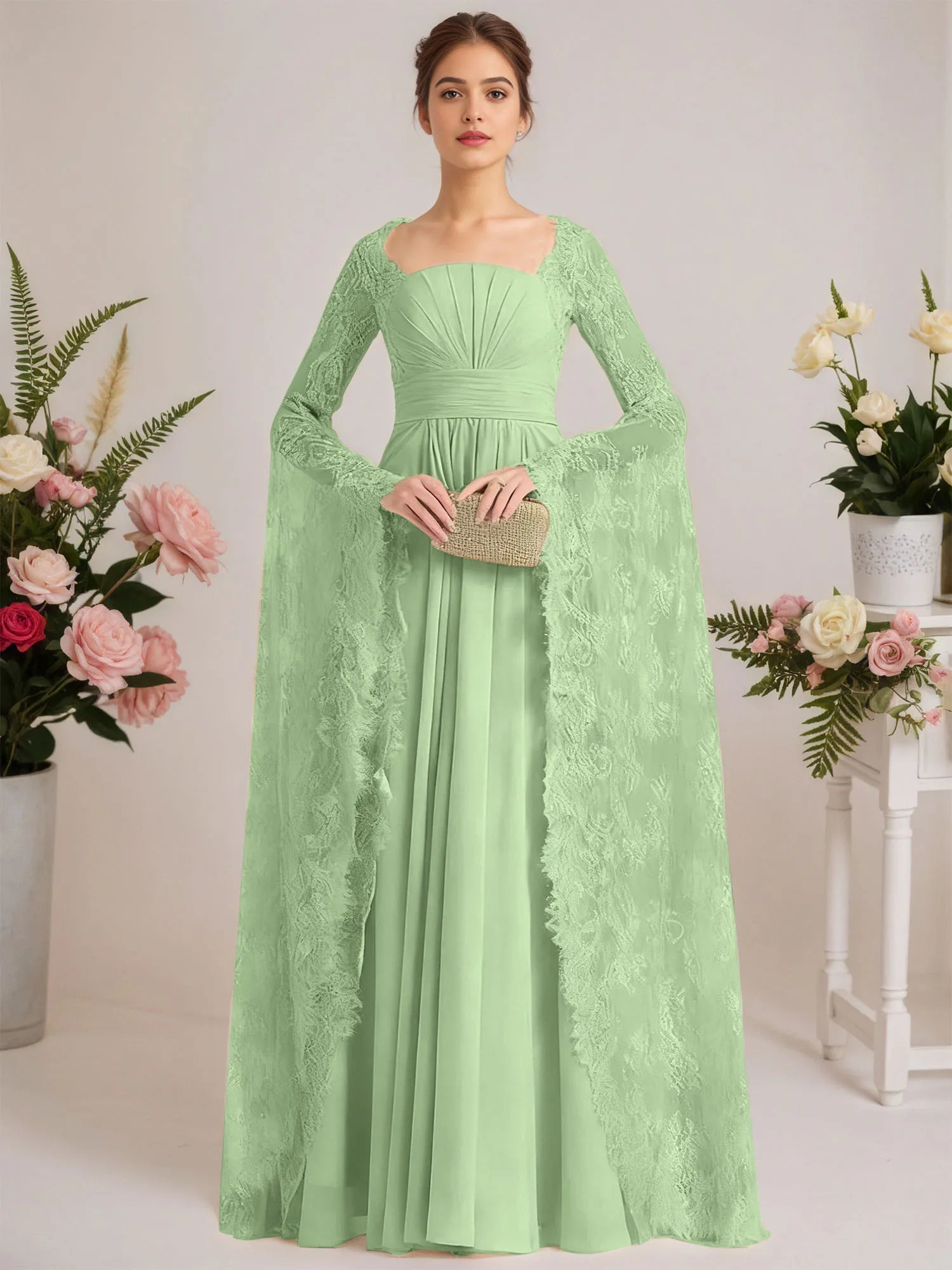 A-line Square Floor-Length Chiffon Lace Evening Dress With Beading Pleated