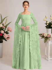 A-line Square Floor-Length Chiffon Lace Evening Dress With Beading Pleated