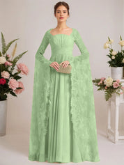 A-line Square Floor-Length Chiffon Lace Evening Dress With Beading Pleated