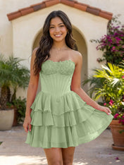 Pink Lace Strapless Corset Mini Dress Tiered Chiffon Skirt Lace Up Back Homecoming Dresses