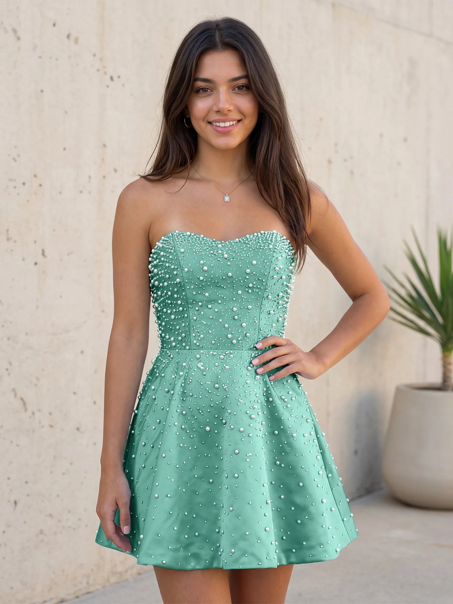 Baby Blue All Over Pearl Strapless Satin A-Line Mini Homecoming Dresses