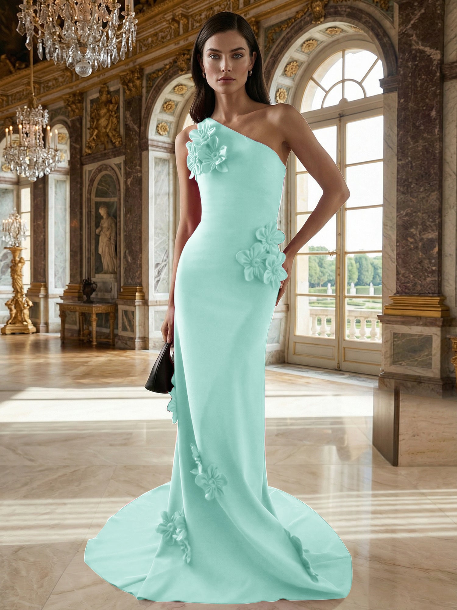 A Line One Shoulder Sleeveless Floor Length Stretch Crepe Dress With 3D Flowers