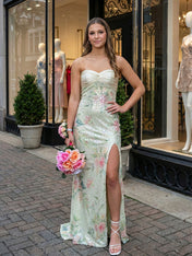 Mint Green Floral Sequin Strapless Prom Dress with Slit