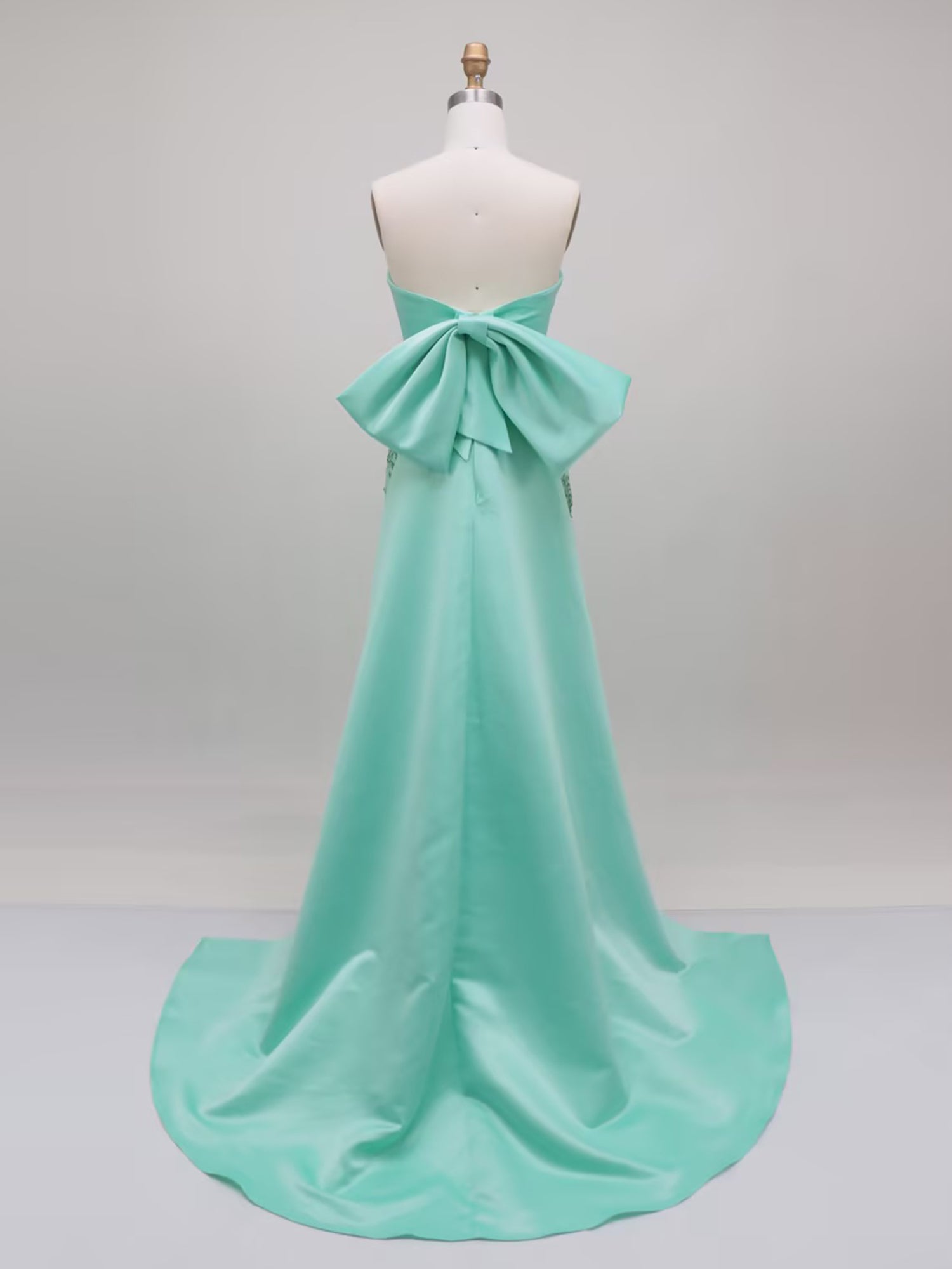 Mint Green Sequin Floral Prom Dress with Satin Bow Train