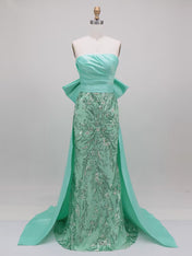 Mint Green Sequin Floral Prom Dress with Satin Bow Train