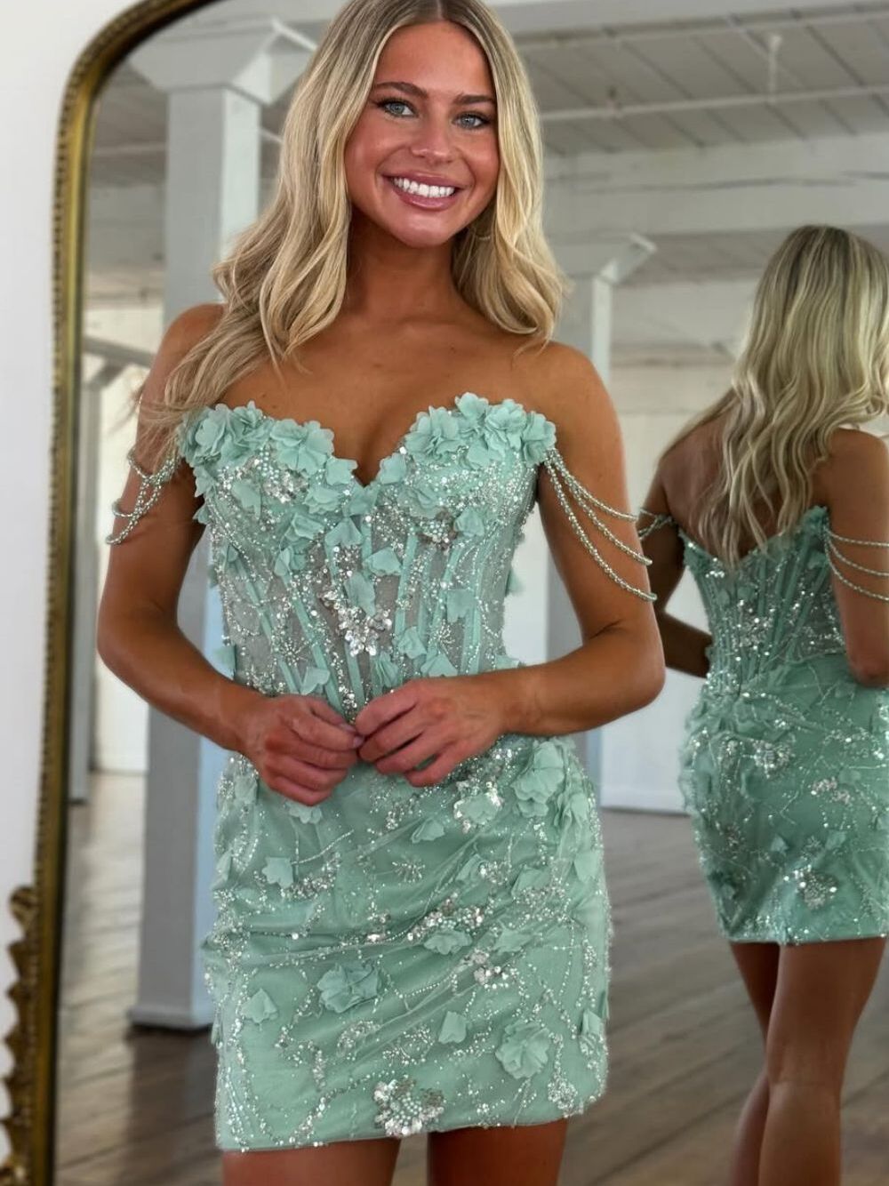 Mint Green Sheath Off the Shoulder Corset Homecoming Dress with Appliques