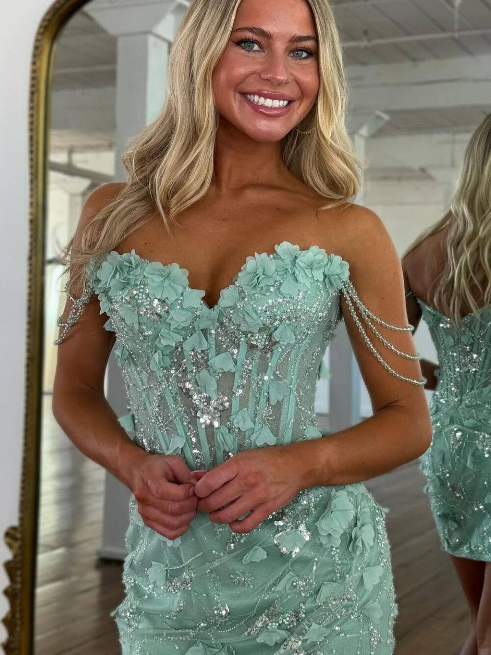 Mint Green Sheath Off the Shoulder Corset Homecoming Dress with Appliques