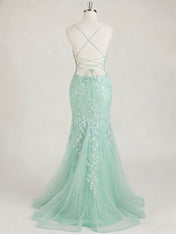 Mint Green V-Neck Mermaid Prom Dress with Floral Sequin Appliqué